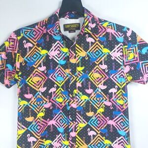 Surf Society Swimwear Short Sleeve Shirt Mens Small Neon Flamingo ButtonUp Aloha